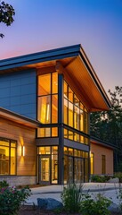 Sustainable Community Center Architectural Design at Sunset with Energy-Efficient Features and Natural Light