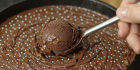 Fototapeta premium A scoop of chocolate ice cream being lifted from a chocolate sundae.