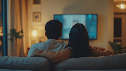 Back view of a young Indian couple enjoying television while relaxing on a couch in the living room. Enjoying Your Favorite TV Shows and Movies Tonight