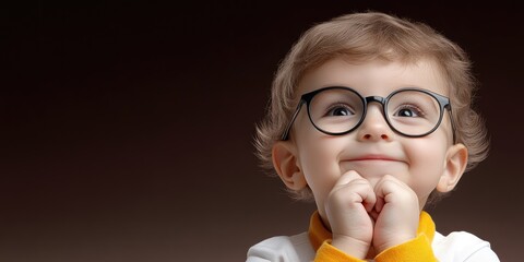 A joyful young child with glasses contemplates a bright future against a warm, neutral backdrop, radiating curiosity and innocence in a candid moment