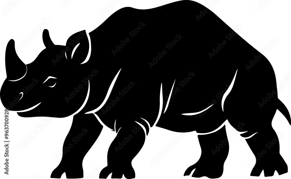 Poster Black Silhouette of a Rhinoceros on White Background