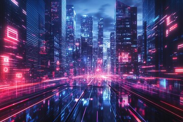 Panoramic urban architecture, cityscape with space and neon light effects. Modern hi-tech, science, futuristic technology concept. generative ai