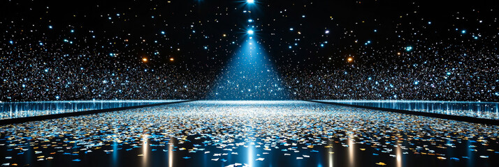 A glittering stage with a spotlight shining down on it, perfect for a celebration or award ceremony.