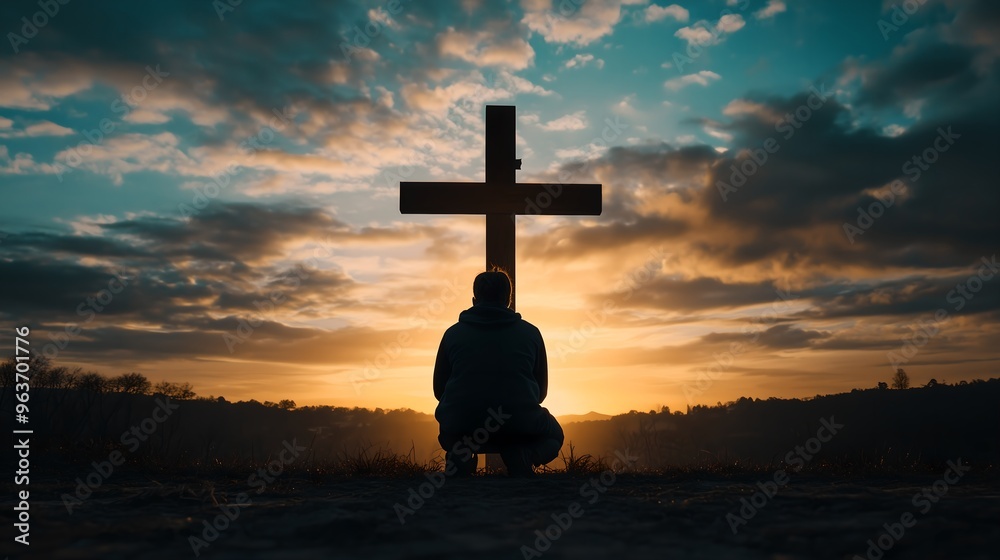 Poster silhouette of man kneeling near the wooden christian cross on a nature meadow grass field outdoor at