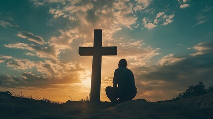 Silhouette of man kneeling near the wooden Christian cross on a nature meadow grass field outdoor at sunset. Religion faith belief repentance prayer, forgiveness hope in Jesus Christ, salvation