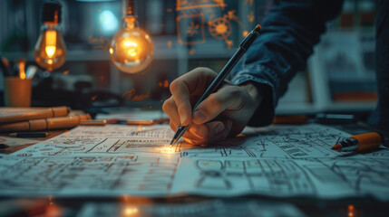 Naklejka premium Creative Designer Sketching Innovative Ideas on Paper in a Modern Studio with Warm Lighting