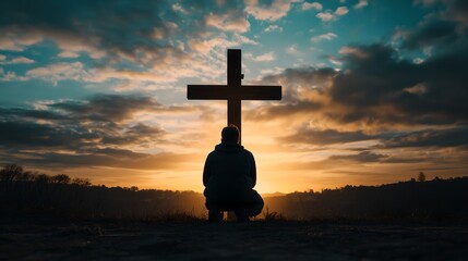 Silhouette of man kneeling near the wooden Christian cross on a nature meadow grass field outdoor at sunset. Religion faith belief repentance prayer, forgiveness hope in Jesus Christ, salvation