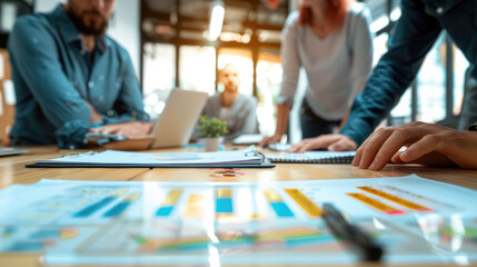 Fototapeta premium Business Team Collaborating in Modern Office with Documents and Charts on Table