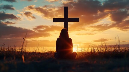 Silhouette of man kneeling near the wooden Christian cross on a nature meadow grass field outdoor at sunset. Religion faith belief repentance prayer, forgiveness hope in Jesus Christ, salvation