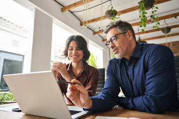 Two happy busy professionals business team people working together using laptop computer. Male...