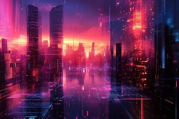 Obraz premium Panoramic urban architecture, cityscape with space and neon light effects. Modern hi-tech, science, futuristic technology concept. generative ai