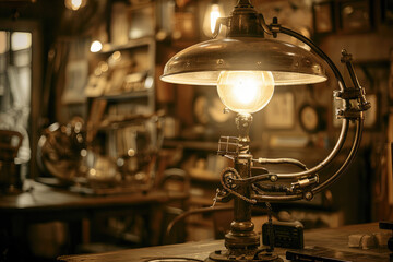 Vintage Industrial Steampunk Lamp in Cozy Antique Shop with Warm Lighting and Retro Decor