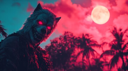 Scary Werewolf in Countryside with Full Moon for Thanksgiving, Halloween and Fall Season. Cool, vintage, rustic, retro, pink style concept.