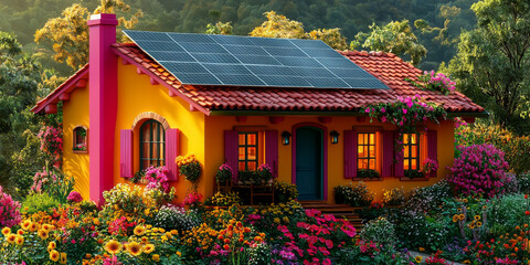 Obraz premium A colorful cottage with solar panels sits nestled in a lush garden.