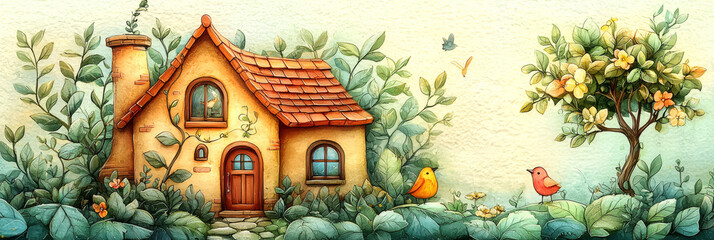 Obraz premium Cute cottage in the woods with a red and yellow bird.
