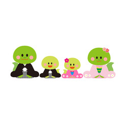 Naklejka premium かわいい着物を着て挨拶するヘビの家族のイラスト