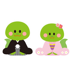 かわいい着物を着て挨拶するヘビのイラスト