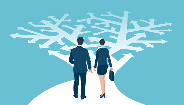 Direction. Too many options. A business couple looks at arrows pointing to many directions. Concept business vector illustration 