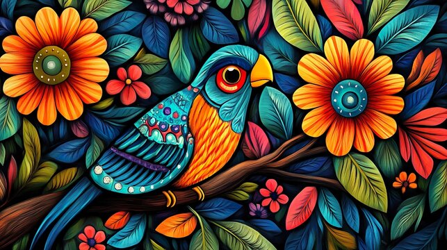 Traditional Madhubani Bhil painting with bold colors and cultural folk designs background
