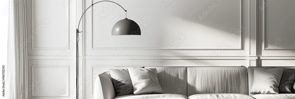 Poster gray pendant lamp above a sofa with a silver cushion in a clean white interior.