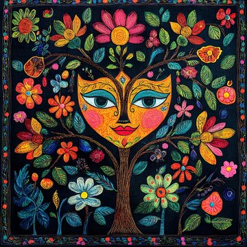 Vibrant folk art motifs in a colorful Madhubani and Bhil painting background
