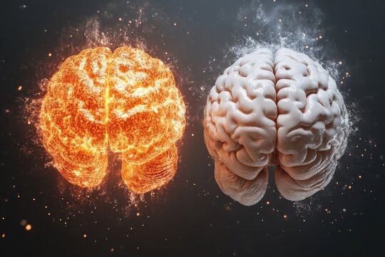 Neural aptitude Social neural dynamics Exploding brain with fiery and cold elements symbolizing the clash between opposing mental forces emotions and intense cognition