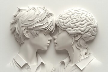 Fototapeta premium Mental potential Social neural dynamics Abstract white sculpture of two people with merging brains symbolizing intellectual connection love and cognitive unity