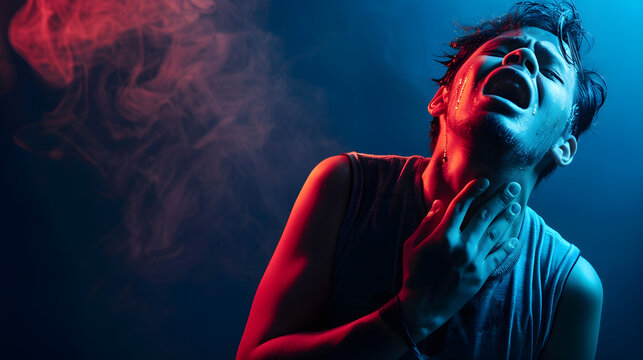 Woman clutching chest, gasping for breath in panic attack, surrounded by blurry background of lights.