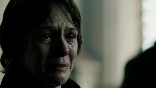 Emotionally victimized. Abused young woman crying hard and covering her mouth.