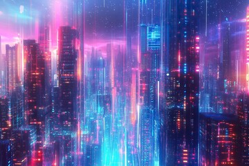 Fototapeta premium Panoramic urban architecture, cityscape with space and neon light effects. Modern hi-tech, science, futuristic technology concept. generative ai