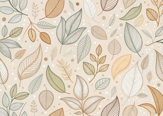 A stylized illustration of a scattering of leaves in different shapes and sizes, arranged in a winding, organic pattern on a soft, natural beige background, with gentle