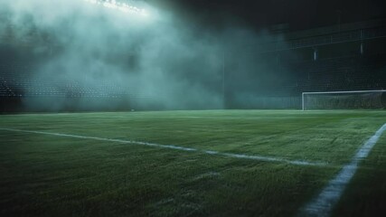Empty Soccer Stadium at Night with Fog and Stadium Lights