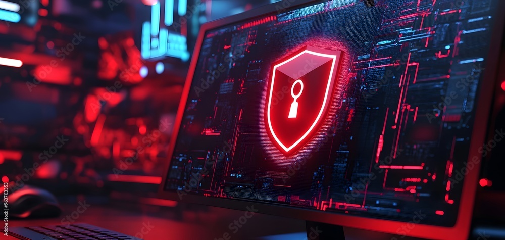 Poster a futuristic computer screen displaying a glowing shield symbolizing cybersecurity and data protecti