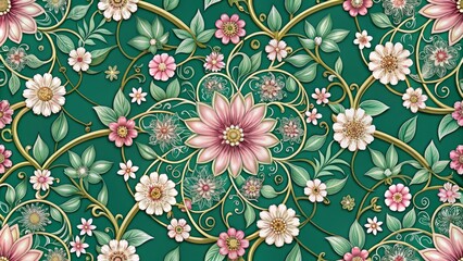 Intricate vector design of interconnected flowers in a repeating pattern, set against a rich emerald green background, with detailed centers and delicate petals in shades of soft pink and white.