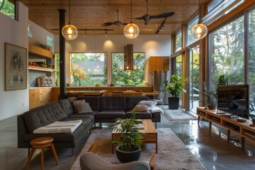 Fototapeta premium Sustainable Living Room with Smart Lighting and Energy Efficient Appliances in a Modern Home