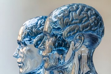 Cingulum Social neural dynamics Abstract metallic heads with exposed brain textures symbolizing mental power innovation and human cognition in a futuristic design