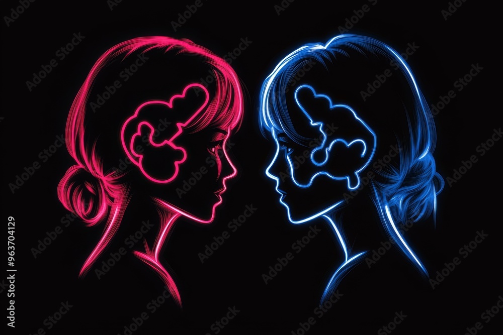 Poster fasciculus retroflexus mental synchronization neon silhouettes of two human heads facing each other 