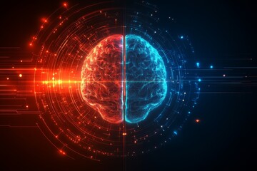 Cognitive productivity Mental synchronization Glowing half brain with dynamic orange and blue energy elements representing the balance of creative and logical thinking in an energetic design