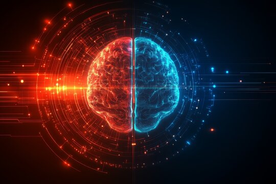 Cognitive productivity Mental synchronization Glowing half brain with dynamic orange and blue energy elements representing the balance of creative and logical thinking in an energetic design