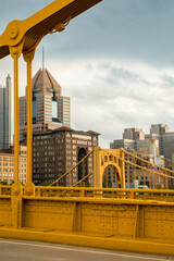 Roberto Clemente Bridge and Pittsburg, PA skyline framed by Andy Warhol bridge.