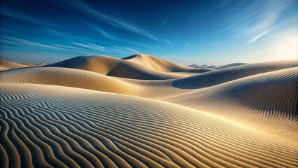 Naklejka premium A stylized illustration of sand dunes as a series of stylized, curved lines and shapes in shades of sandy beige and soft gray, against a calm blue background with subtle texture effects.
