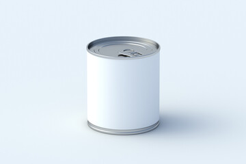 Tin with canned food on gray background. Cat, dog nutrition. Preserved vegetables. Reserve of provisions. Touristic meal. 3d render