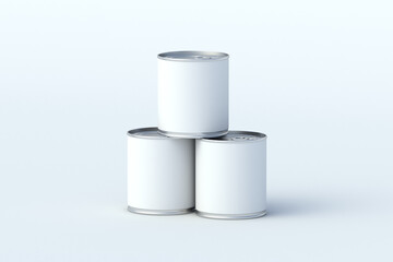 Stack of tins with canned food on gray background. Cat, dog nutrition. Preserved vegetables. Reserve of provisions. Touristic meal. 3d render