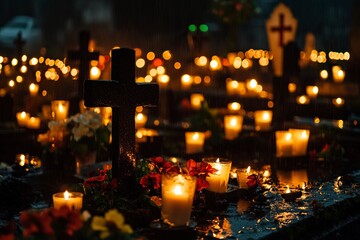 TARNOW, POLAND - NOVEMBER 01, 2017: Candles on the grave glowing in the dark around cross-relief. All Saints Day festival celebrated on a rainy day at the Old Cemetery, generative ai