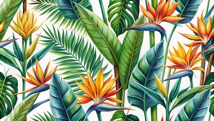 Obraz premium A seamless pattern of Bird of Paradise flowers, monstera leaves, and bamboo stalks in bright colors like turquoise, green, and coral, with a crisp white background and precise linework.