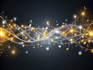 Obraz premium A futuristic diagram of music frequencies, depicted as a series of interconnected nodes and pathways, in shades of silver and gold, with subtle glow effects, on a dark gray background.