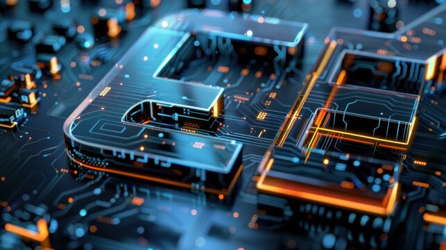 High-tech E design with embedded circuit patterns and a modern feel