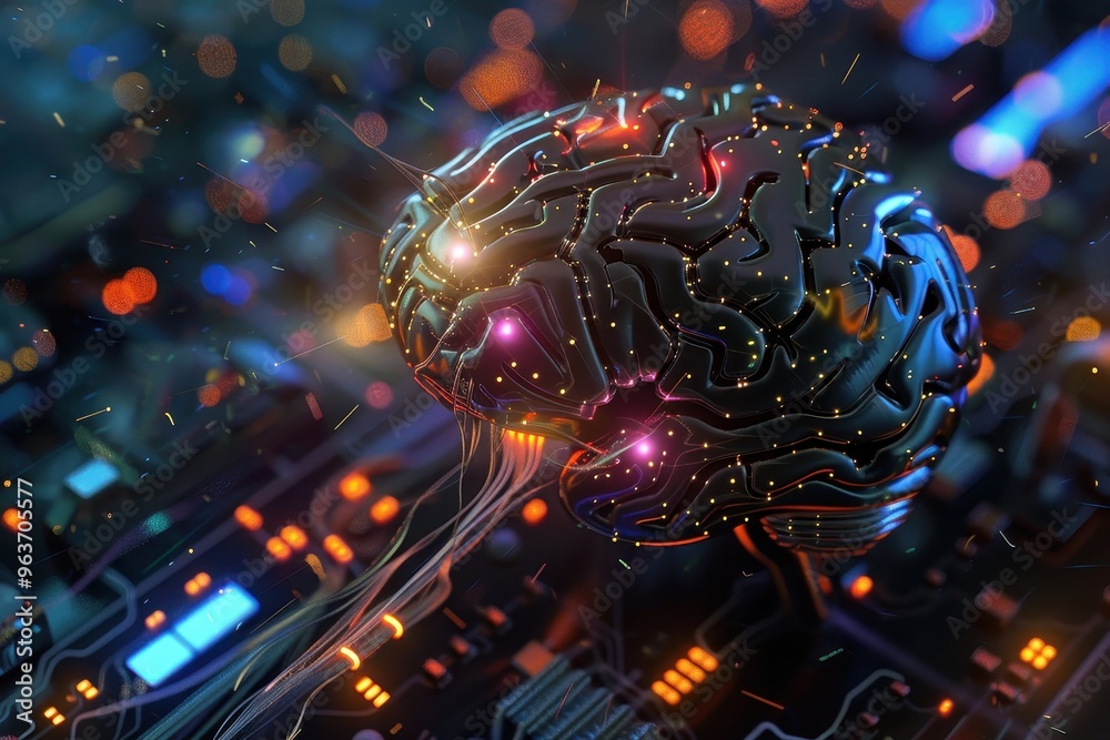 Fototapete A glowing futuristic brain model interconnected with electronic circuits and glowing lights, representing advancements in technology and artificial intelligence