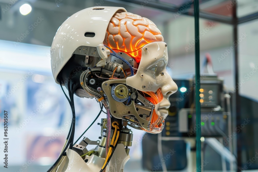 Leinwandbilder a glowing futuristic brain model interconnected with electronic circuits and glowing lights, represe