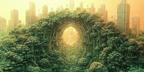 A surreal cityscape with a swirling tunnel of lush greenery.